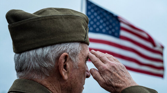 An elderly man in a military uniform salutes the American flag, symbolizing honor and remembrance for his service.