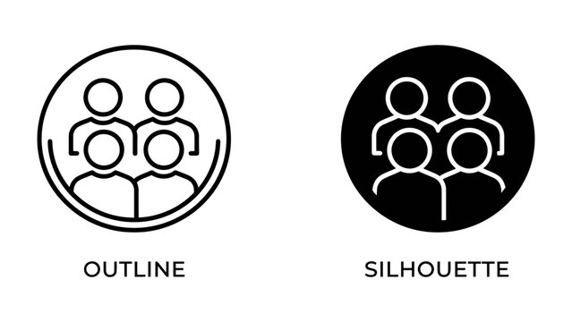 Group Icons: A set of graphic icons representing people, shown in both outline and silhouette styles within circular frames, symbolizing teamwork or a group.