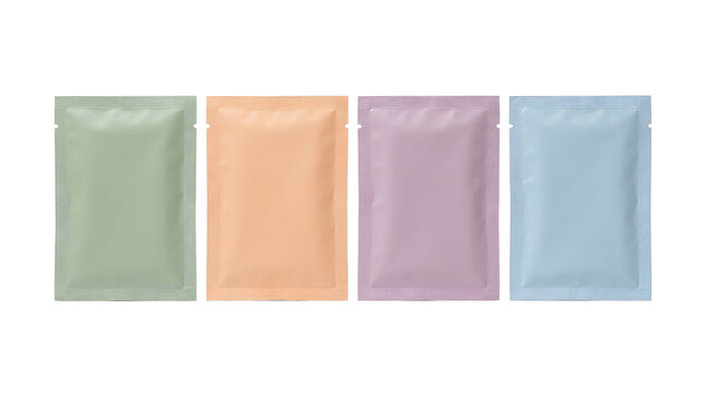 Small foil sachets in pastel colors for cosmetic sample packaging.