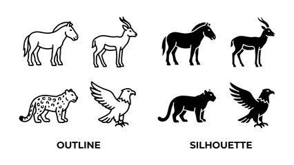 Fototapeta premium Animal Icons: A collection of animal illustrations presented as both outlines and silhouettes, featuring a horse, antelope, leopard, and eagle, showcasing distinct graphic representations.