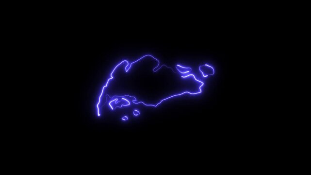 Glowing neon map of singapore outline, pulsing blue light silhouette on black background, for digital tech presentations
