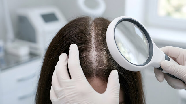 Trichologist examining female patient scalp hair density using illuminated magnifying glass