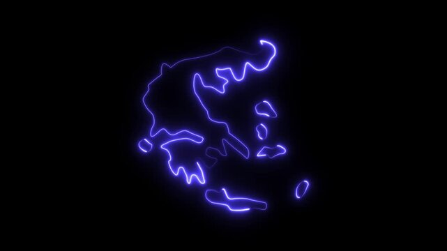 Glowing neon outline map of greece animation on black background, for travel and, geography projects