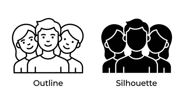 Group of People Outline and Silhouette: A set of icons representing a group of people, shown in both outline and silhouette styles, symbolizing community, identity, and unity.