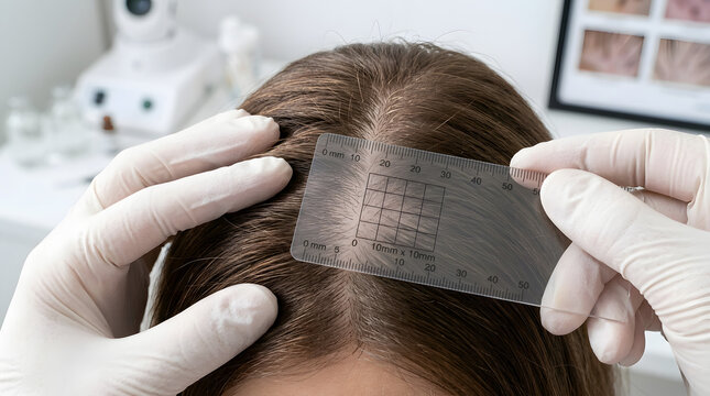 Close up of trichologist measuring scalp hair density with grid transparent ruler