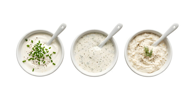 Three bowls of white creamy dips with herbs for food styling.