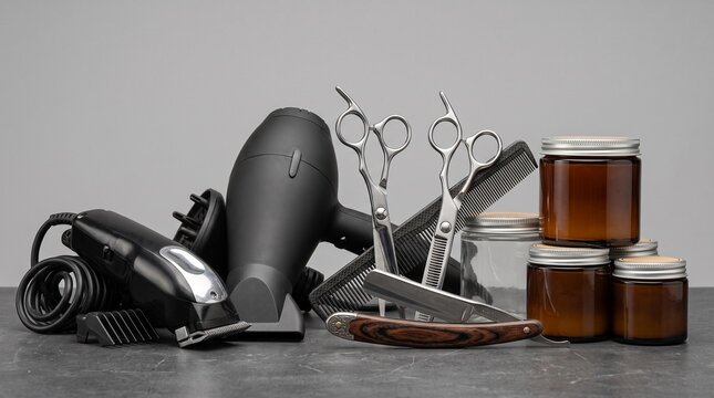 Professional Barbershop Tools - Hair Dryer, Clipper, Scissors, Comb, Straight Razor and Grooming Products on Dark Background