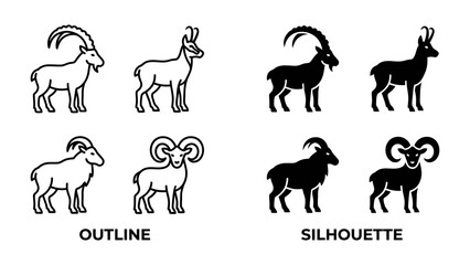 Fototapeta premium Set of Ibex and Ram Icons: A collection of stylized icons featuring ibex and ram, presented in both outline and silhouette forms, ideal for graphic design and identification purposes.