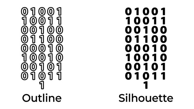 Binary Code Collection: A visual representation of binary code, showcasing both outline and silhouette styles for digital data representation.