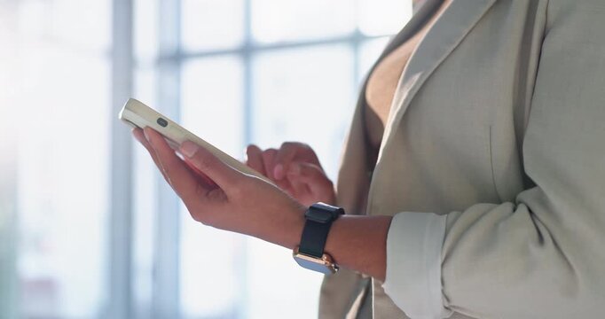 Phone, typing and hands of businesswoman in office with email update on finance report planning. Flare, technology and financial advisor with cellphone for texting feedback on investment growth.