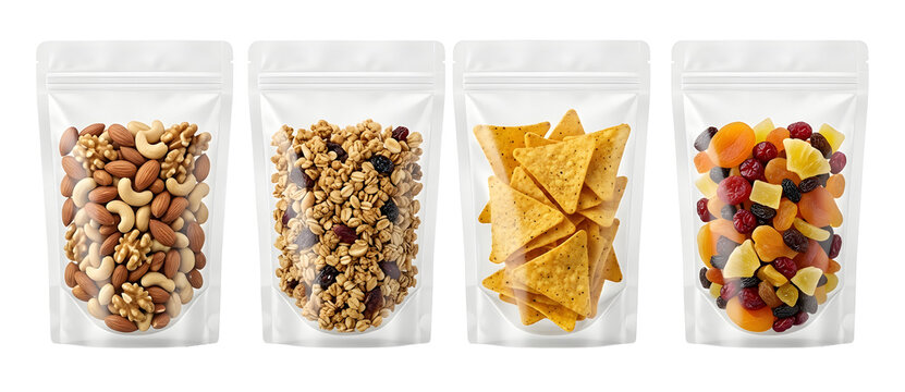 Transparent food pouches filled with snacks and dried fruits.