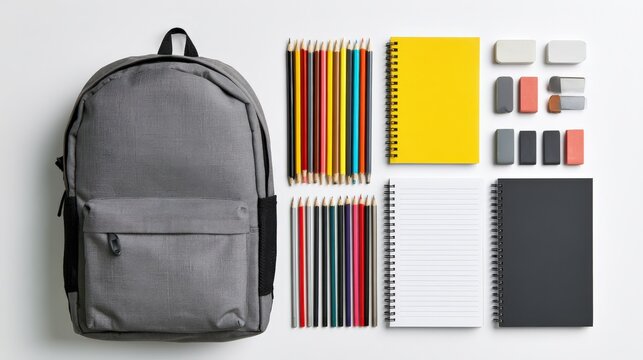 Gray backpack sits beside colorful pencils and notebooks