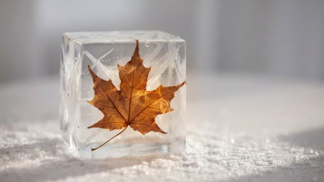 A single dried brown maple leaf encased inside a clear transparent ice cube sitting on a white snowy surface with soft blurred background