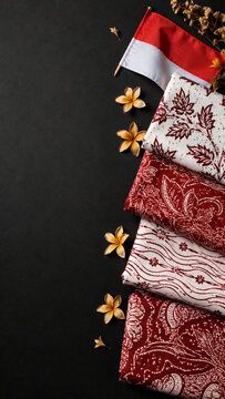Indonesian flags and batik textiles on dark background