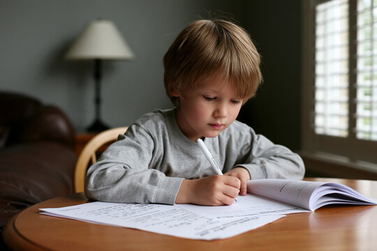 Child writes in notebook at home in a cozy room