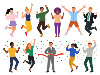 Obraz premium Diverse Happy People Jumping for Joy and Ribbon Cutting Ceremony Vector