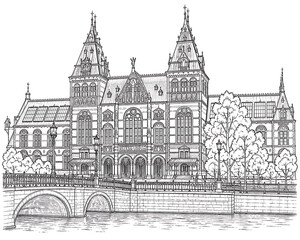 Fototapeta premium Rijksmuseum Amsterdam Netherlands Historic Building Line Art