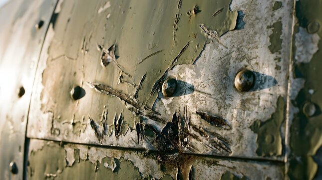Close up of peeling green paint and deep scratches on a riveted metal airplane fuselage representing industrial decay and historical military aviation