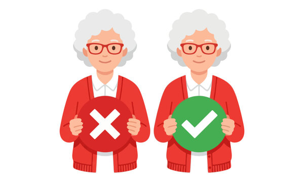 Elderly woman holding checkmark and cross icons illustration