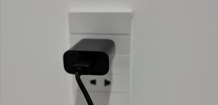 Close-up of a hand plugging and unplugging black type-C phone charger block into a universal Type A and C electrical outlet on a light wall. Power supply, energy consumption, and daily routine concept