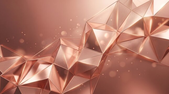 Abstract rose gold geometric polygon background with reflective metallic surfaces and glowing particle lights