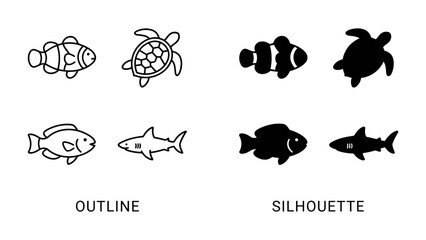 Obraz premium Marine Life Icons: A set of four distinct marine creature icons, presented in both outline and silhouette styles, featuring a clownfish, turtle, generic fish, and shark.