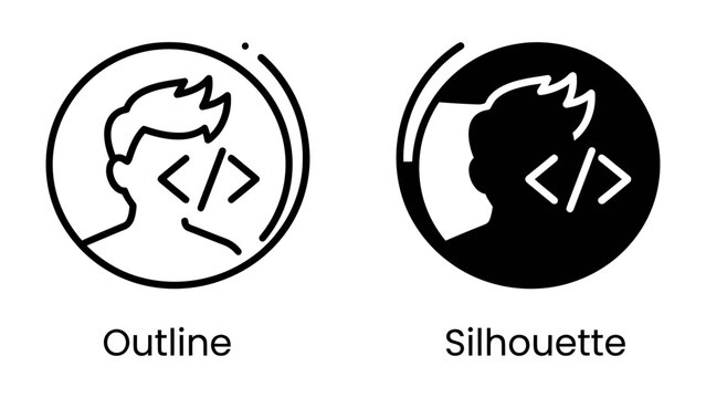 Coding Iconography: A minimalist representation of a coder, presented in both outline and silhouette styles, featuring the distinctive angle brackets symbolising programming.