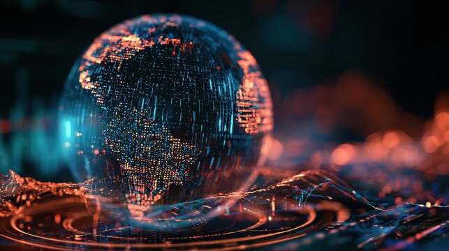 Advanced digital globe built from light pixels hovering over virtual trading floor cyberpunk colors real time stock waves AI finance network futuristic business vision high clarity