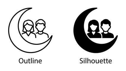 Fototapeta premium Couple in Crescent Moon Icon: A stylized crescent moon cradles an outline and silhouette of a couple, symbolizing companionship and shared dreams under the night sky.