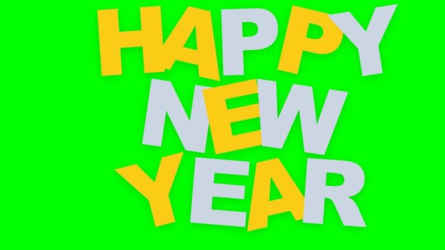 Happy New Year typography fills the frame in bold yellow and gray over a vivid green screen.