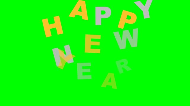 Happy New Year 3D letters fall and scatter across a vibrant green chroma key backdrop.