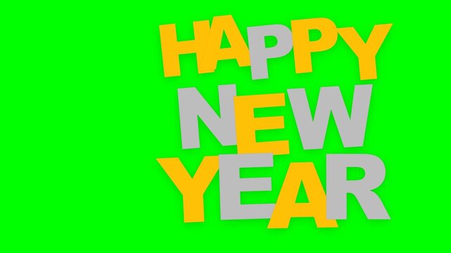 Happy New Year text element in yellow and gray typography features a bright green background for video editing.