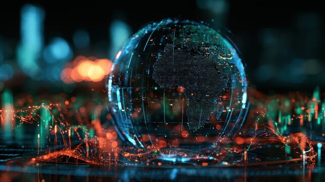 Advanced digital globe built from light pixels hovering over virtual trading floor cyberpunk colors real time stock waves AI finance network futuristic business vision high clarity