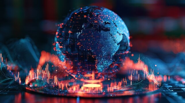 Advanced digital globe built from light pixels hovering over virtual trading floor cyberpunk colors real time stock waves AI finance network futuristic business vision high clarity