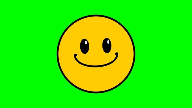 Smiley face illustration in bright yellow with black outlines and glossy eye highlights on a green background.