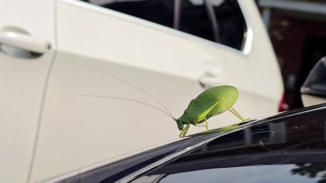 Katydid on a Car Green Leafy Insect Bug Animal Chillin on a Hot Summer Day Nature B-Roll 2