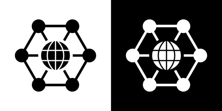 Hexagonal network frame enclosing globe world map solid icon set. Vector illustration of worldwide data sharing and smart tech systems.