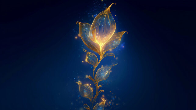 Glowing golden linear flower on a dark blue background