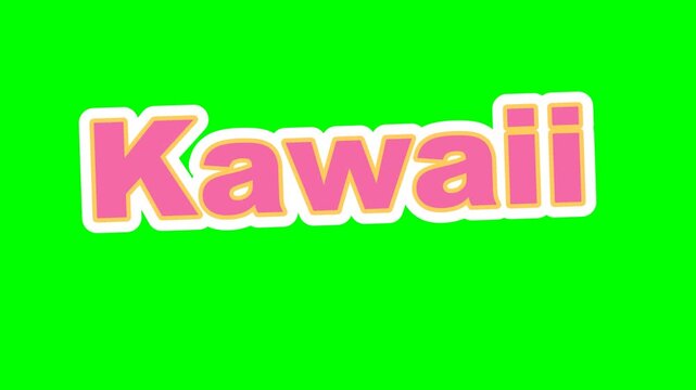 Kawaii text graphic in bright pink typography features a bold white outline against a vibrant green screen background.