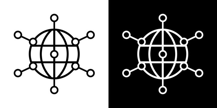 Globe sphere featuring central crosshair node and radiating network lines set. Modern vector symbol for targeted global communications.
