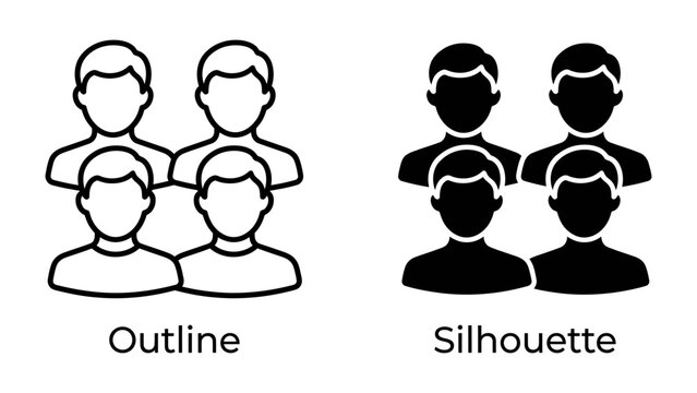 Team Icons: A pair of simplified human figure icons, one presented as an outline and the other as a solid silhouette, represent a group or team in a clear, minimalistic graphic style.