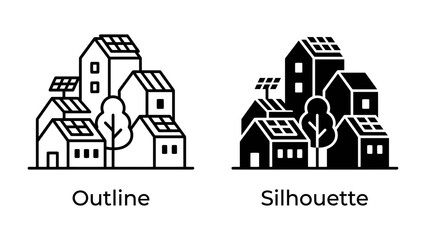Fototapeta premium Eco-Friendly Community Icon Set: A set of minimalist icons depicting houses with solar panels and trees, representing sustainable living and renewable energy.