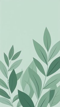 Flat vector botanical leaf shapes in soft green tones gently swaying, nature illustration vertical motion background