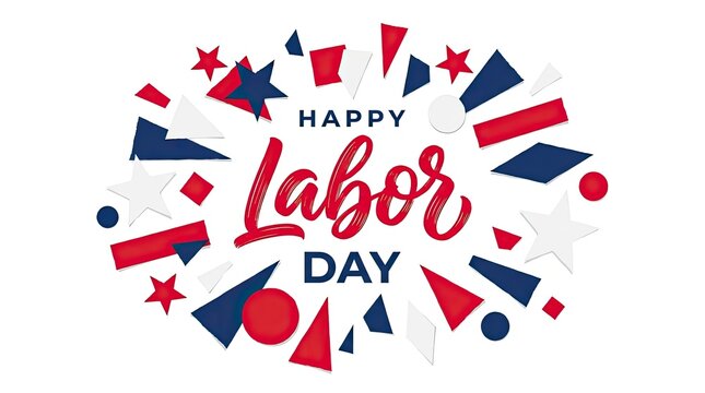 Festive happy labor day greeting card design with red and blue decorative elements on white background