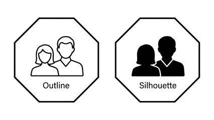 Fototapeta premium Couple icon set: Outline and silhouette icons depicting a couple, representing relationships and partnership.