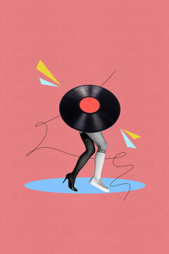 Banner abstract collage of weird person dance go with record plate body on red background
