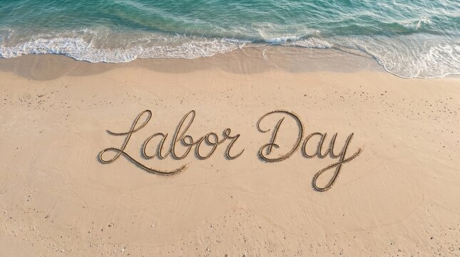 The words labor day written in the sand on a beautiful sunny beach during the summer holiday season