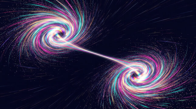 Abstract cosmic background, featuring two glowing, colorful spiral galaxies, generated using ai