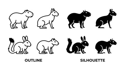 Fototapeta premium Animal Icons: A collection of outline and silhouette icons featuring capybaras and rabbits, ideal for graphic design and educational materials.