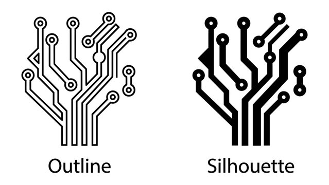 Circuit Board Tree: Two stylized representations of circuit boards, one in outline and the other as a silhouette, mimic the branching structure of a tree.